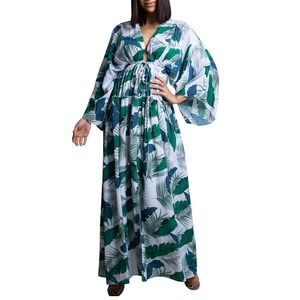 Palm Print Kimono Sleeve Maxi Dress - Bathing suit cover